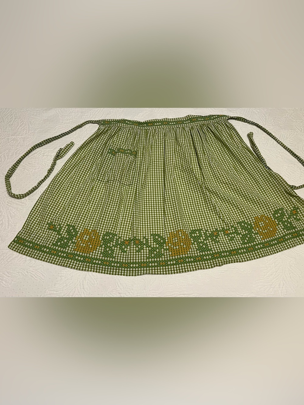 Vintage Handmade Green Gingham Apron with Yellow Floral Embroidery